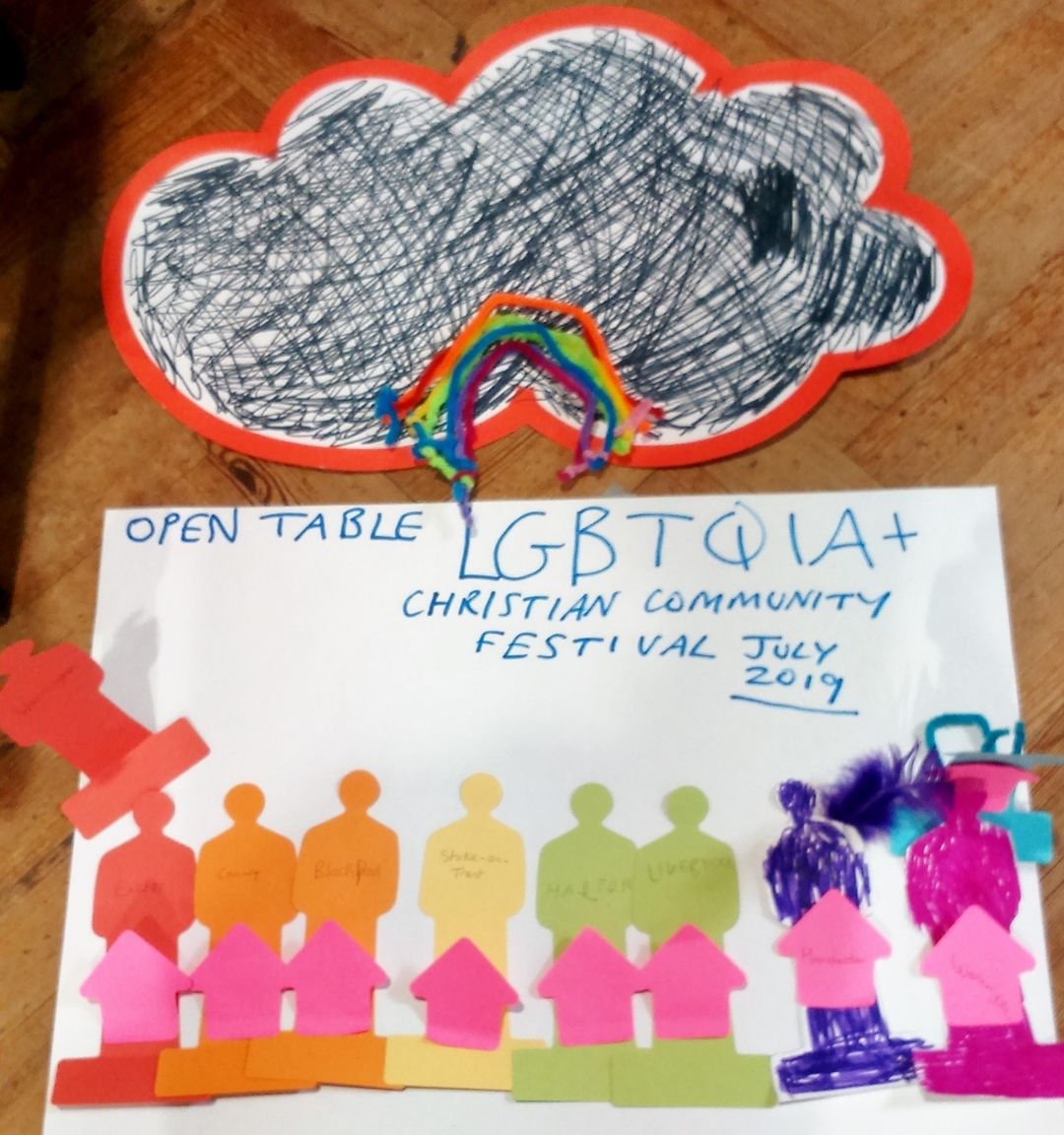 Community Member Artwork Artwork made in July 2016 by members of the first four Open Table communities, with a rainbow of people from OT communities across the country gathering for an LGBTQIA+ Christian festival. A storm cloud overhead, represents the challenges we faced, and a rainbow breaking through, representing our diversity and achievements.