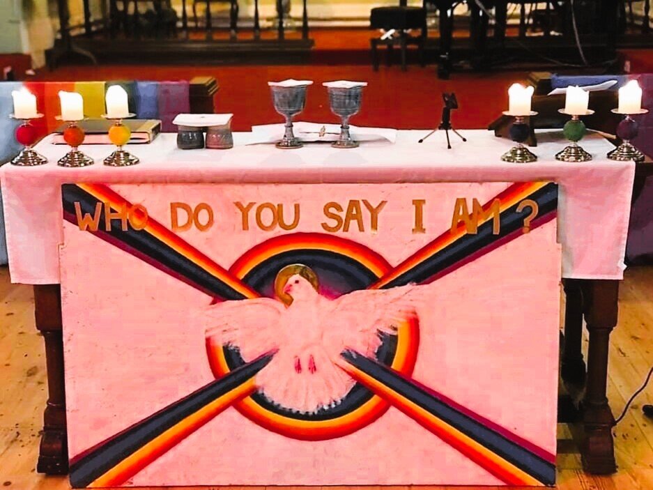 WhoDoYouSayIAm An original altar frontal artwork designed by Tony O’ Connell for the first Open Table community in Liverpool
