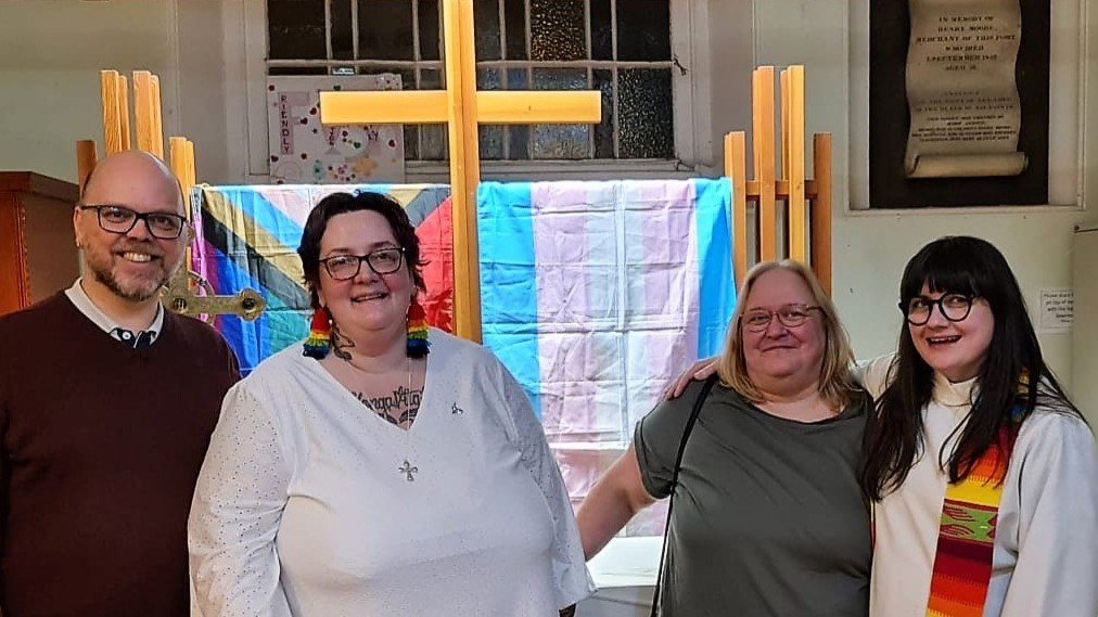 LEFT TO RIGHT: Warren from Open Table Liverpool, Lou, Lou’s cousin Zoe, and vicar Laura who baptised Lou.