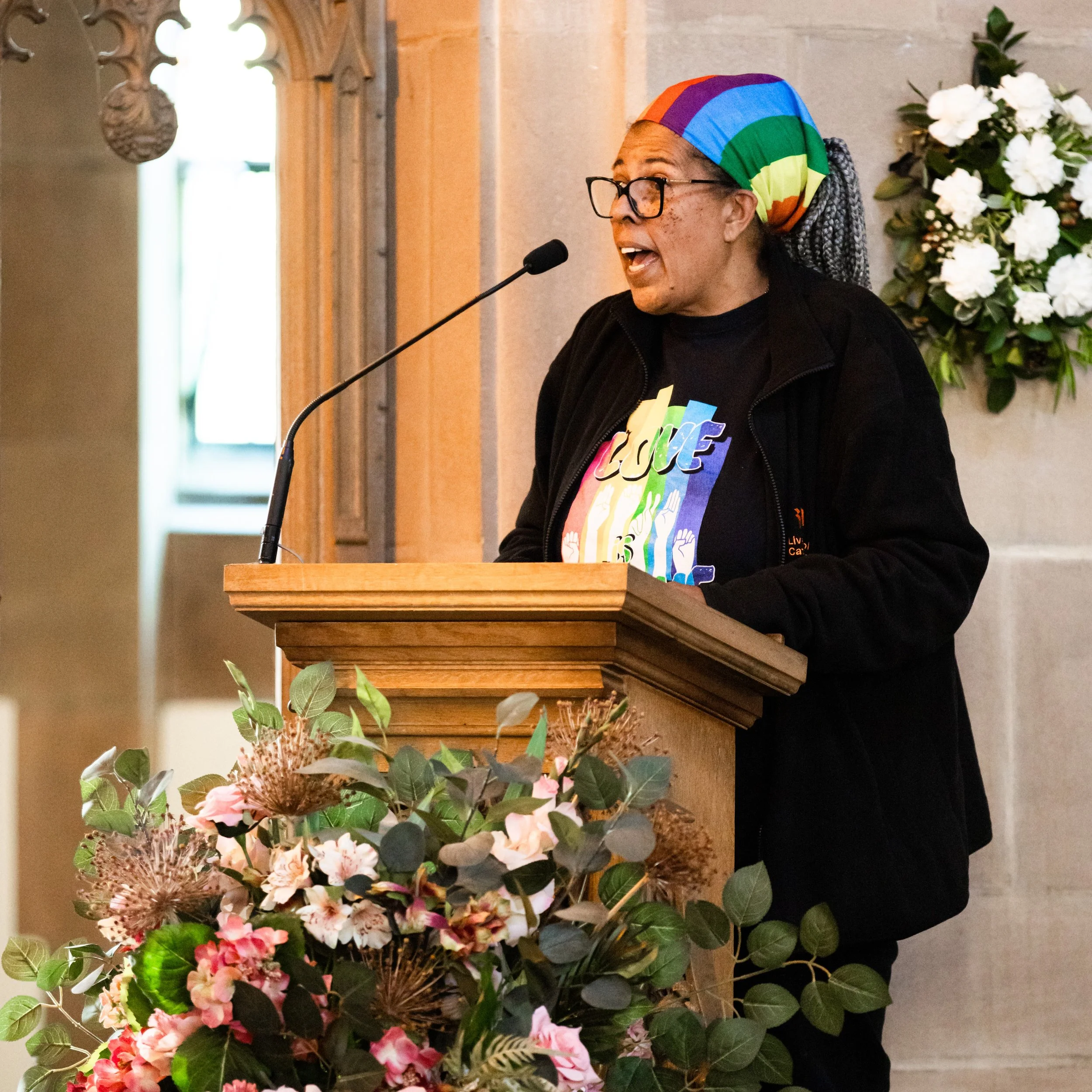 OTN Trustee Sue Say speaking at Liverpool Parish Church during Liverpool’s Pride vigil in solidarity with LGBT+ people worldwide.